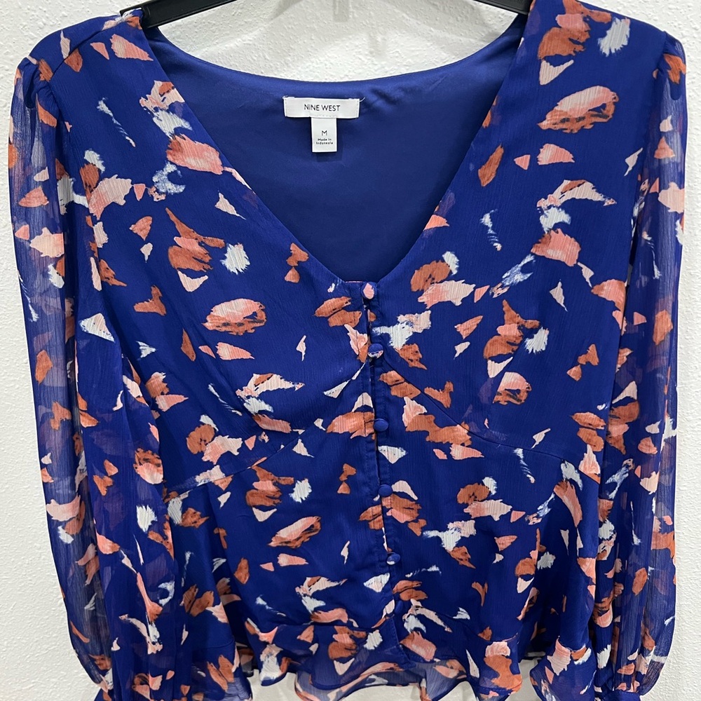 Nine West Women's Blue and Orange Patterned Blouse
